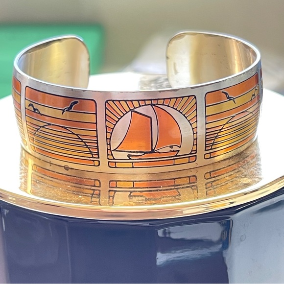 Wistful 70’s Beachy Sailboat Reed & Barton Silver & Orange Metal Cuff Bracelet - Picture 1 of 10